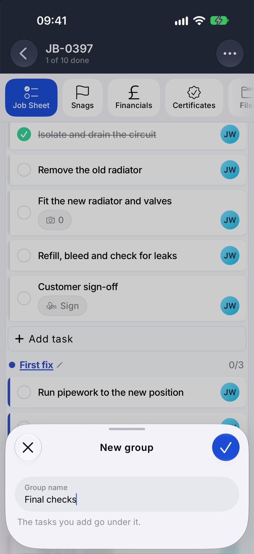 The New group prompt with a name typed in Group name