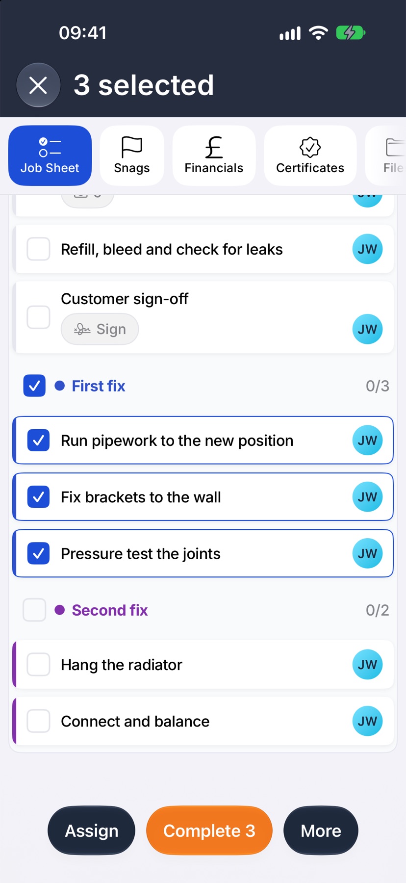 The job sheet in selection mode with the First fix heading box ticked and all its tasks selected