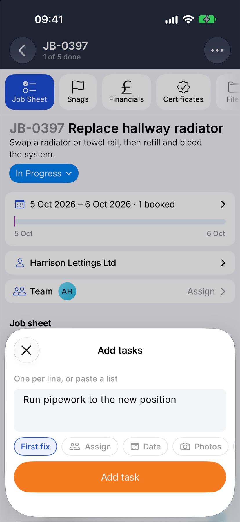 The Add tasks sheet with First fix chosen as the group and a task typed in