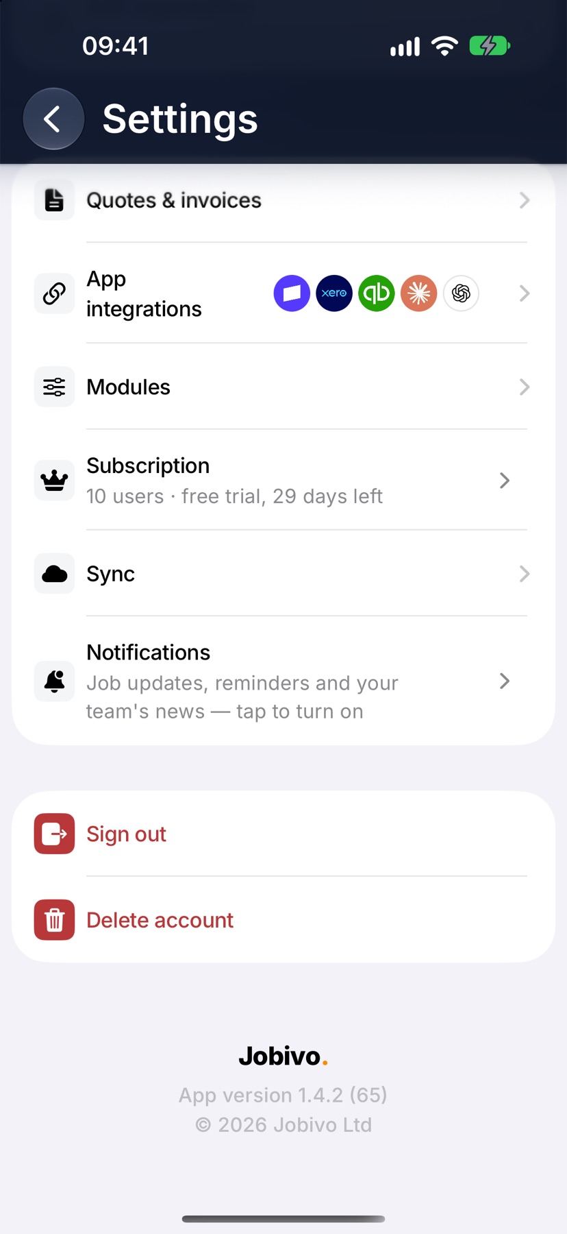 Settings for a company owner scrolled to Preferences, with the Subscription row and its users line