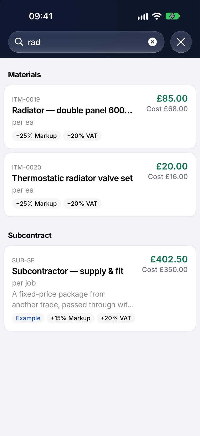 The Price book list searched for rad, with items under Materials and Subcontract, each card showing code, name, per unit, sell price, Cost, and the Markup and VAT labels