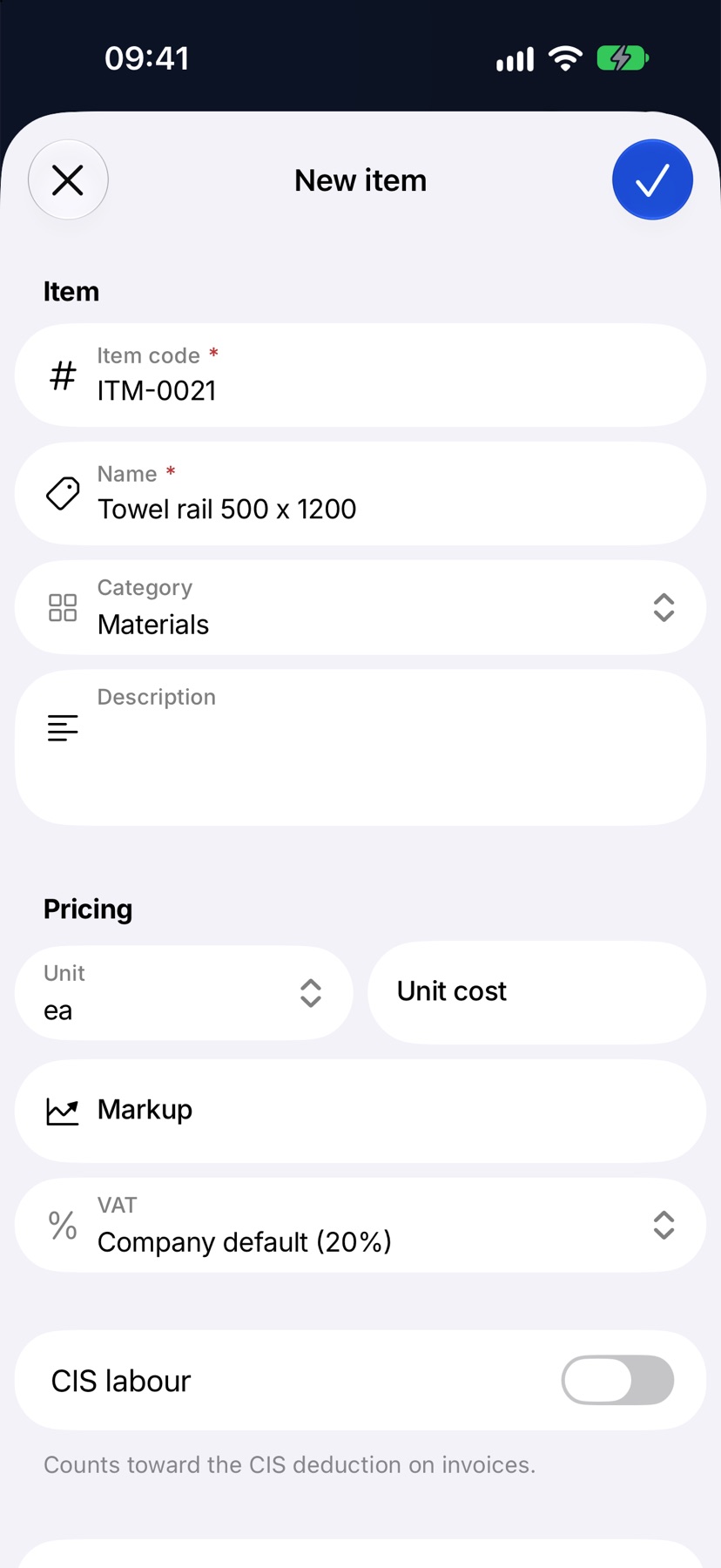 The New item sheet with Item code ITM-0021, Name 'Towel rail 500 x 1200', Category Materials