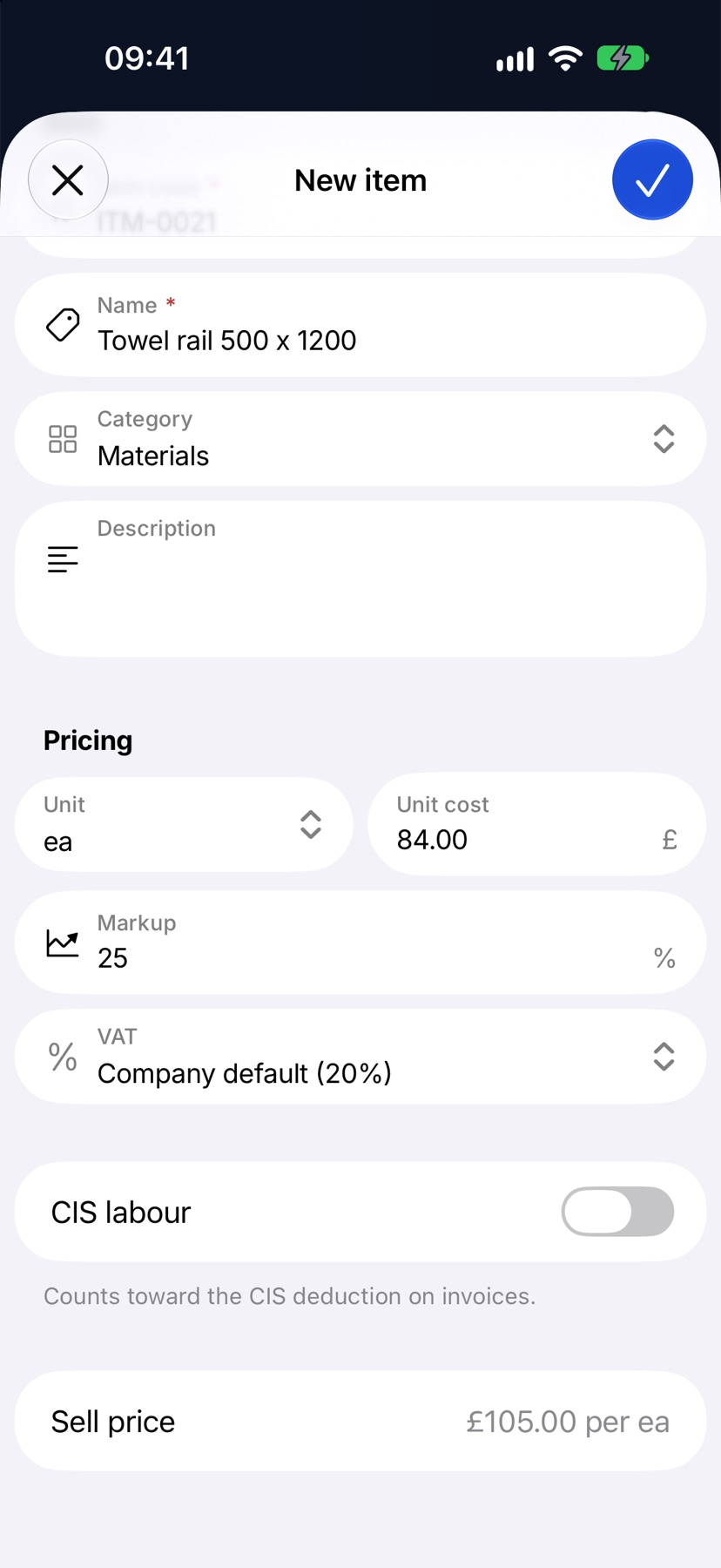 The New item sheet scrolled to Pricing, with Unit 'ea', Unit cost 84.00, Markup 25 and VAT on the company default, and the Sell price row showing the result