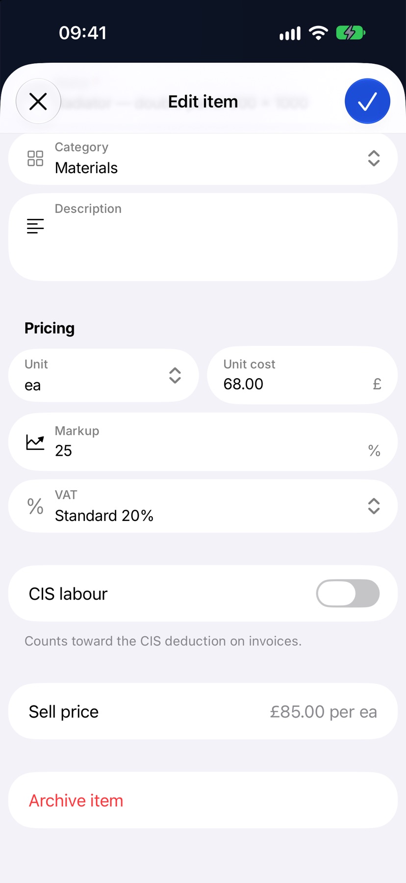 The Edit item sheet for an existing item, scrolled to the bottom