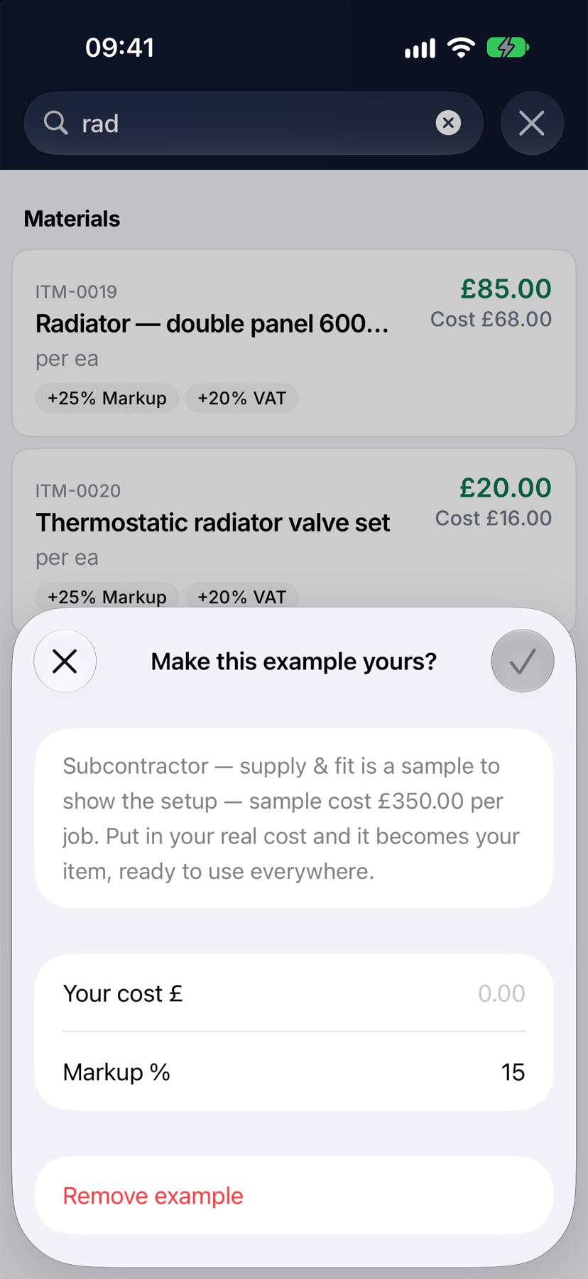 The 'Make this example yours?' sheet for an example item, with the Your cost and Markup % rows