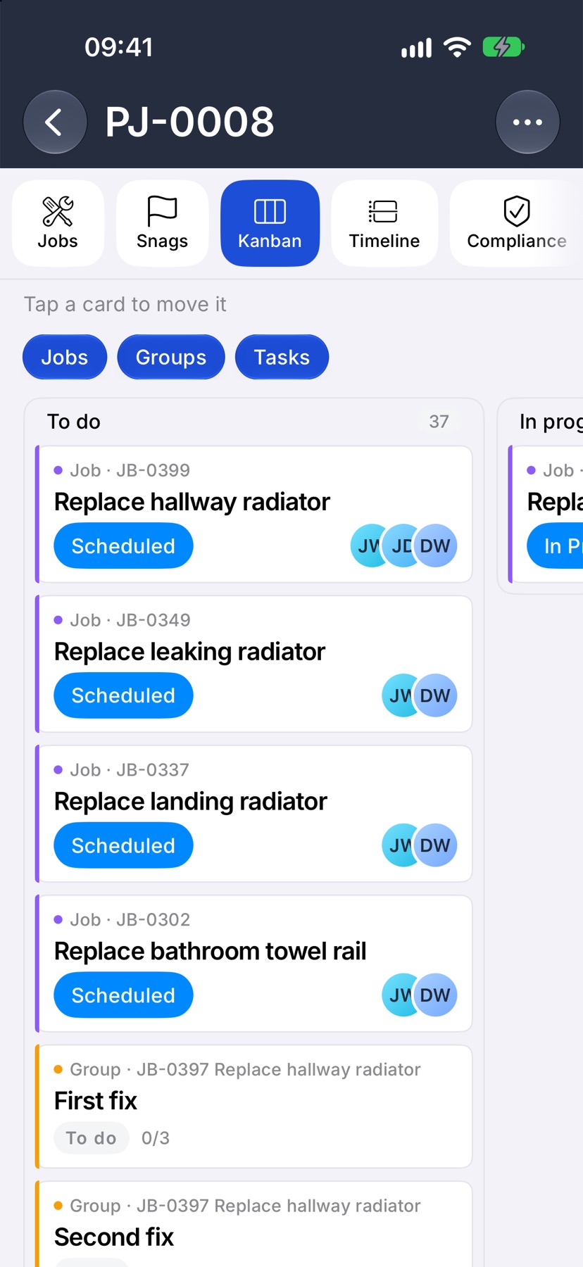 The Kanban tab of a project showing the To do column with job and group cards including Replace hallway radiator, and the filter chips above