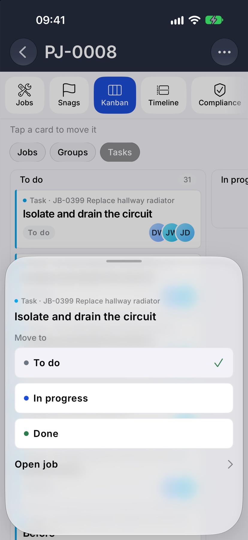 The move sheet for a task card, showing Move to with To do, In progress and Done, a tick beside To do, and Open job underneath