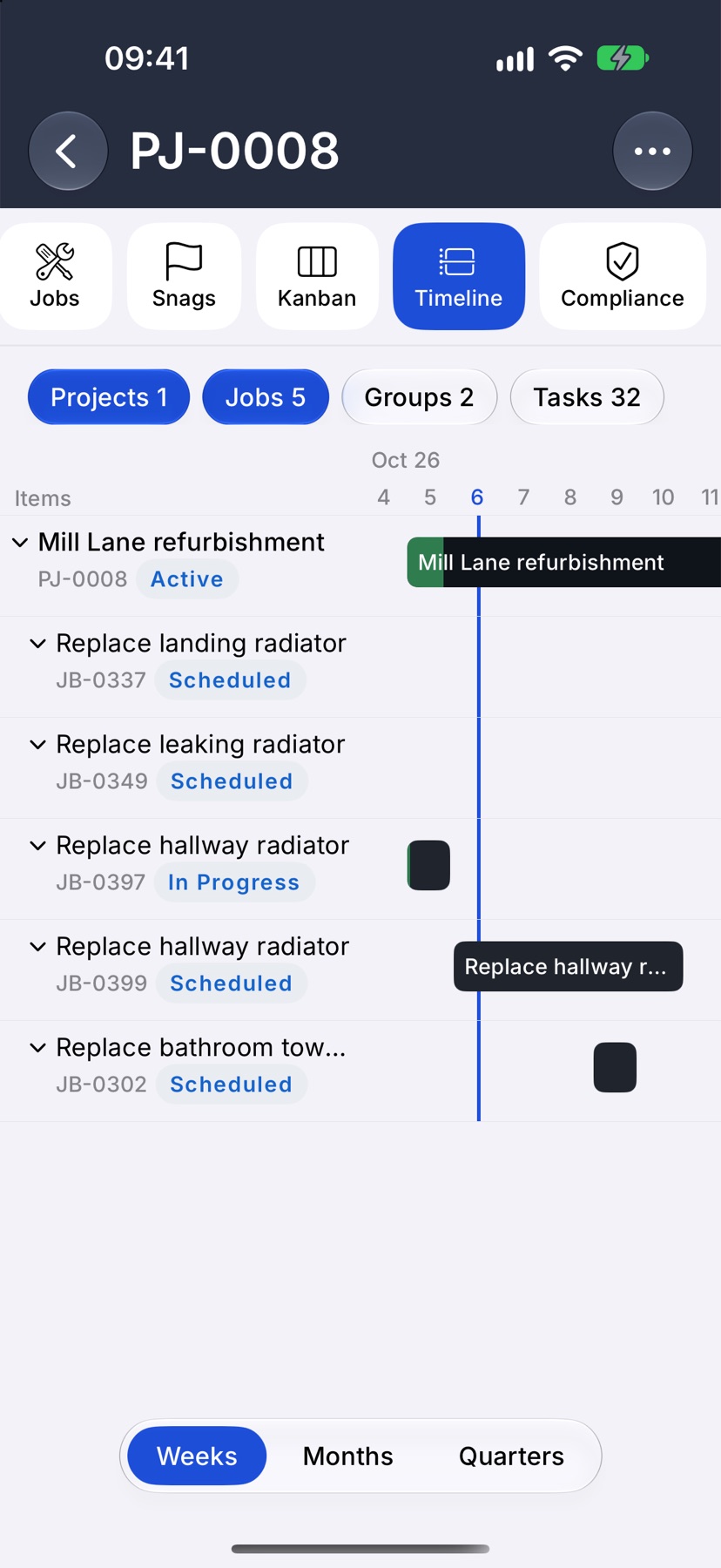 The Timeline tab of a project with the project row and five job rows with bars, the level chips at the top, and the Weeks, Months, Quarters control at the bottom with Weeks selected