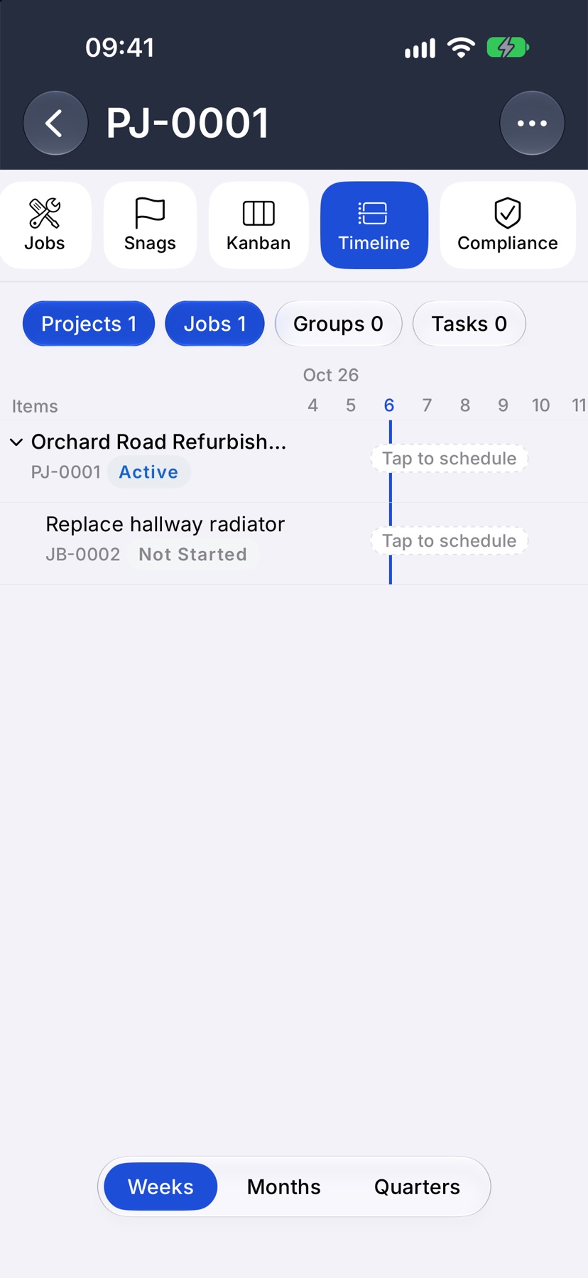 The Timeline tab of a project with no dates, where the project row and its job row each read Tap to schedule