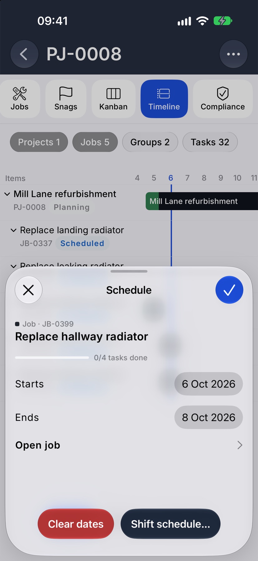 The Schedule sheet for the job Replace hallway radiator with Starts and Ends dates chosen