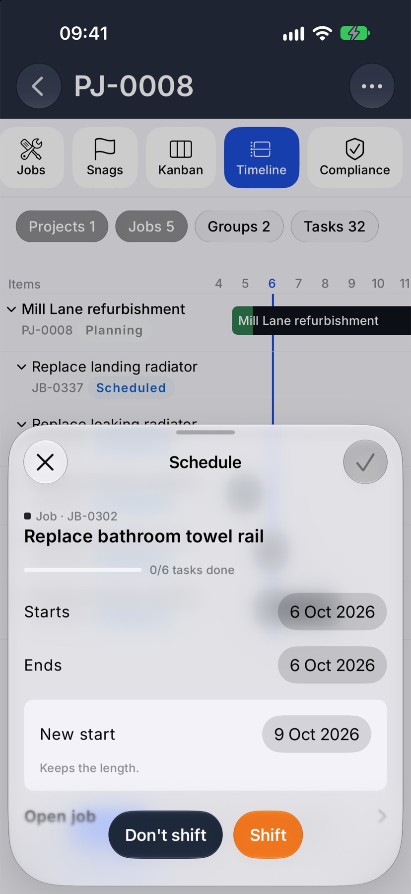 The Schedule sheet for a dated job in shift mode, with the New start date picker, the line Keeps the length, and the Don't shift and Shift buttons