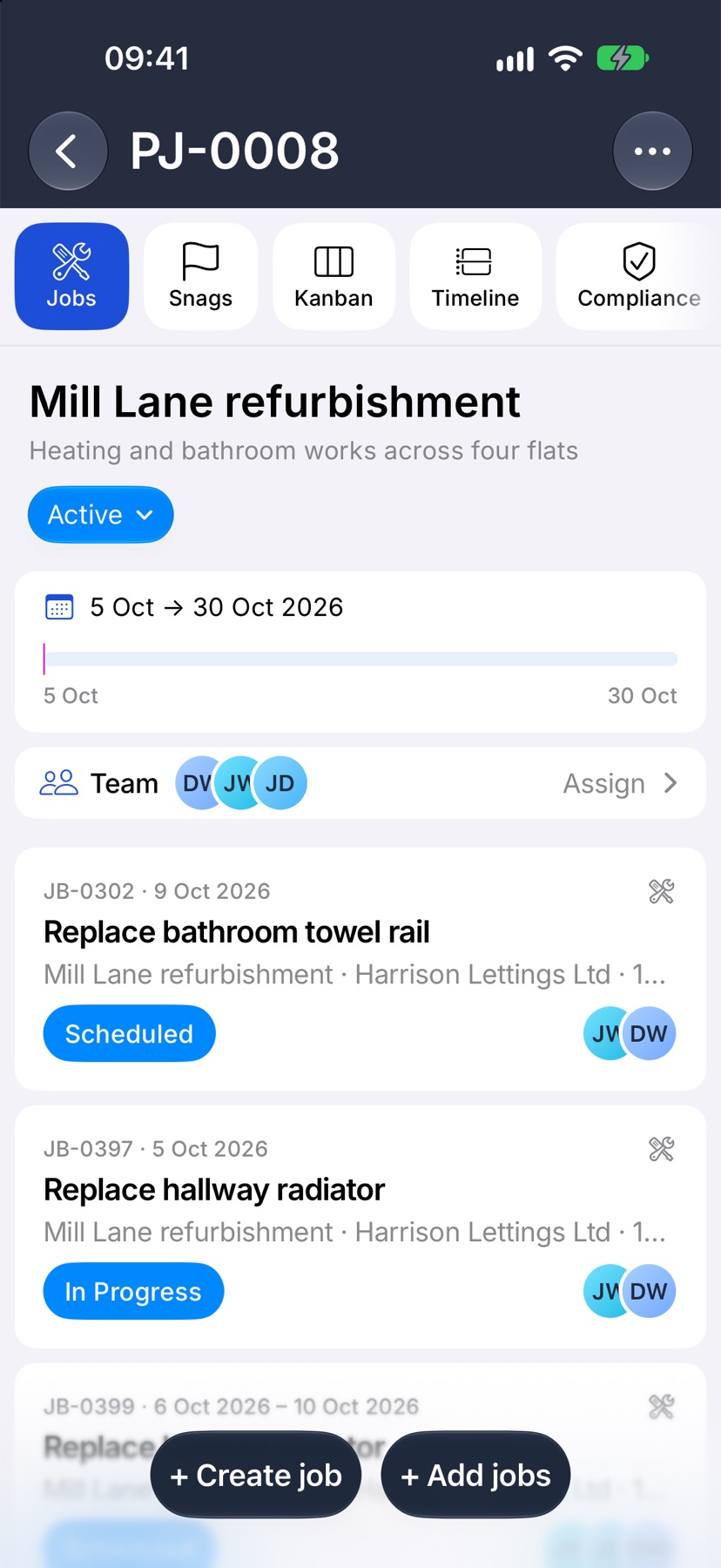 A project open on its Jobs tab: PJ number in the top bar, the name Mill Lane refurbishment, a description, the Active status capsule, the dates card with a start and target date, and the Team card