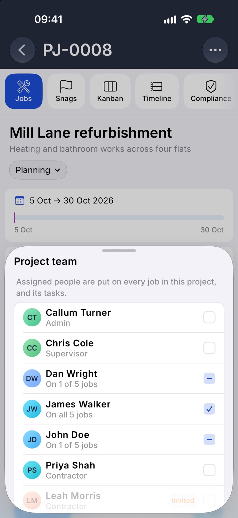The Project team sheet with one member ticked and reading On all 5 jobs, and two reading On 1 of 5 jobs
