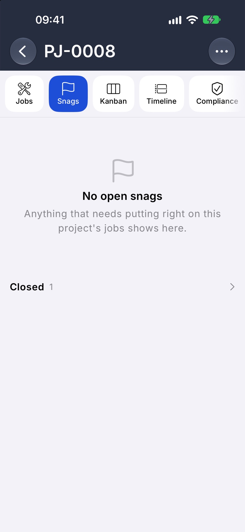 A project with the tab strip at the top showing Jobs, Snags, Kanban, Timeline and Compliance, with Snags selected