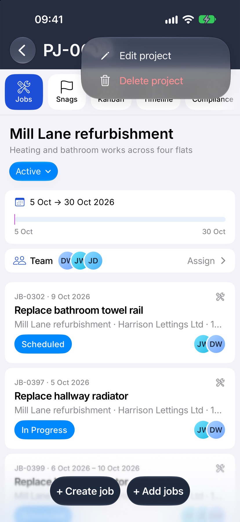 A project with the ⋯ menu open at the top right, showing Edit project and Delete project