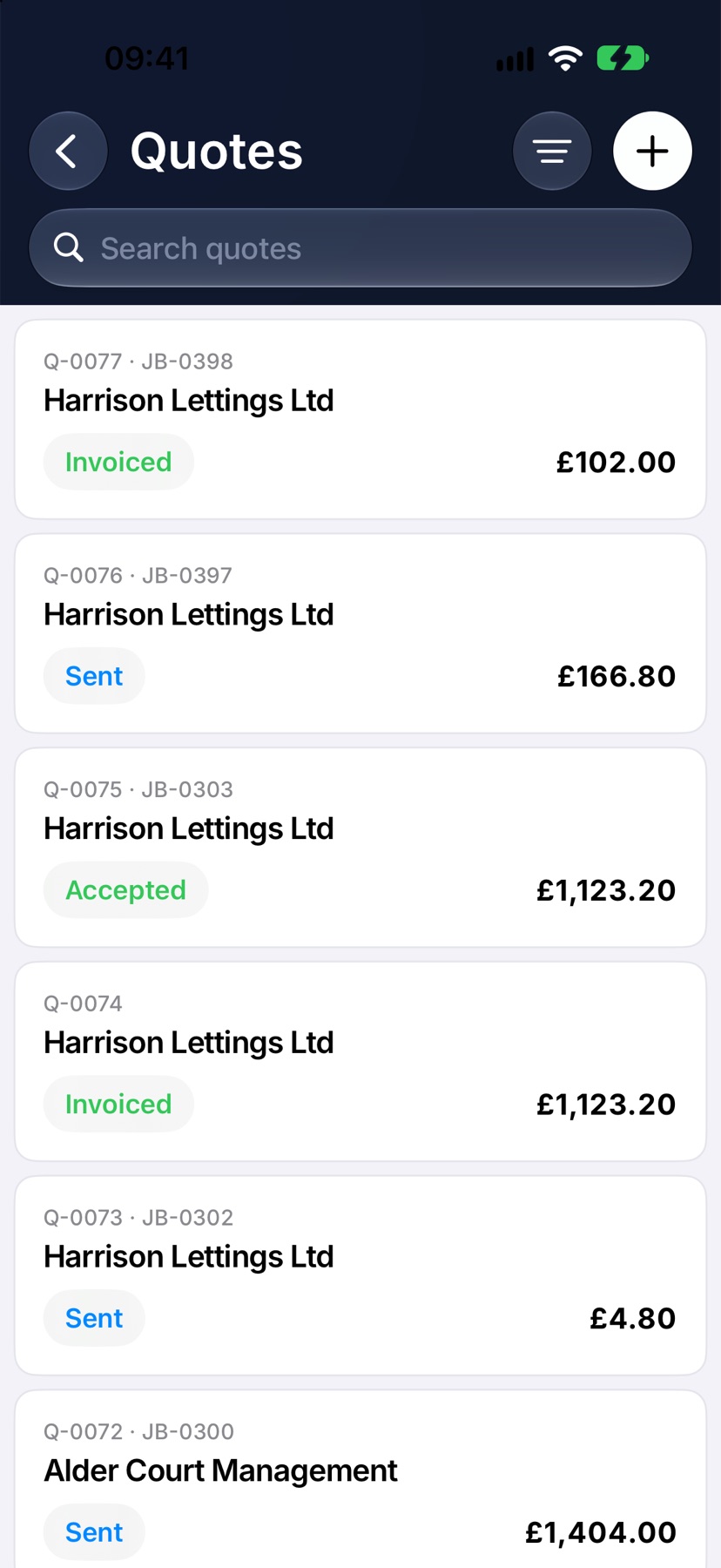 The Quotes list with several quote cards in different statuses, including one for Harrison Lettings Ltd marked Sent