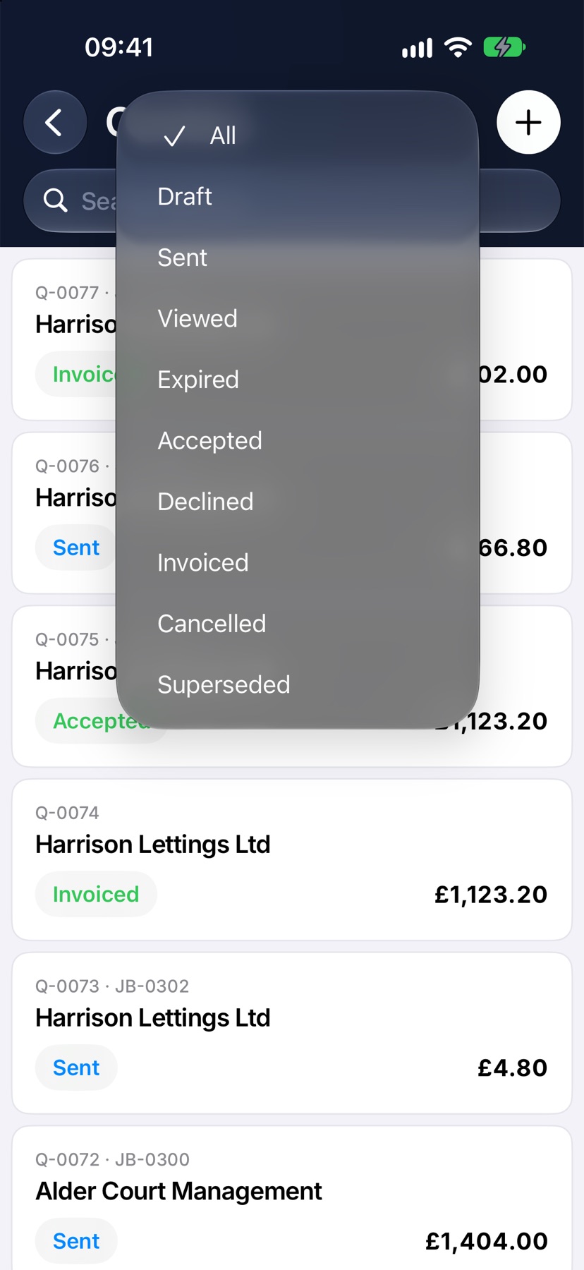 The filter menu open on the Quotes list, showing All, Draft, Sent, Viewed, Expired, Accepted, Declined, Invoiced, Cancelled and Superseded