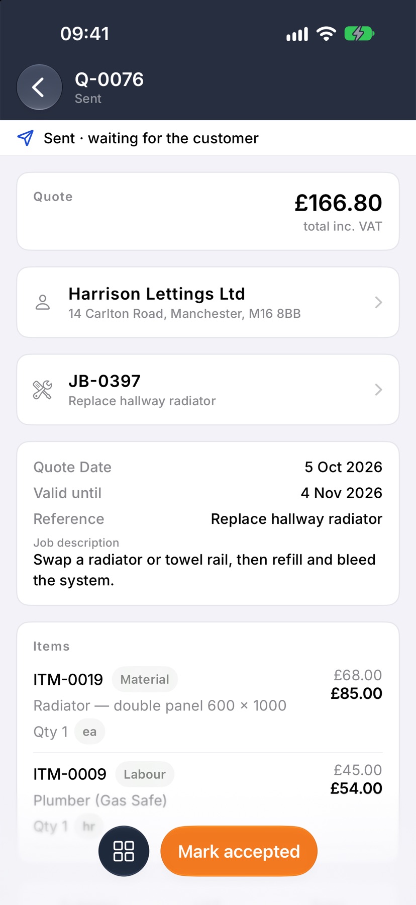 An open sent quote for Harrison Lettings Ltd