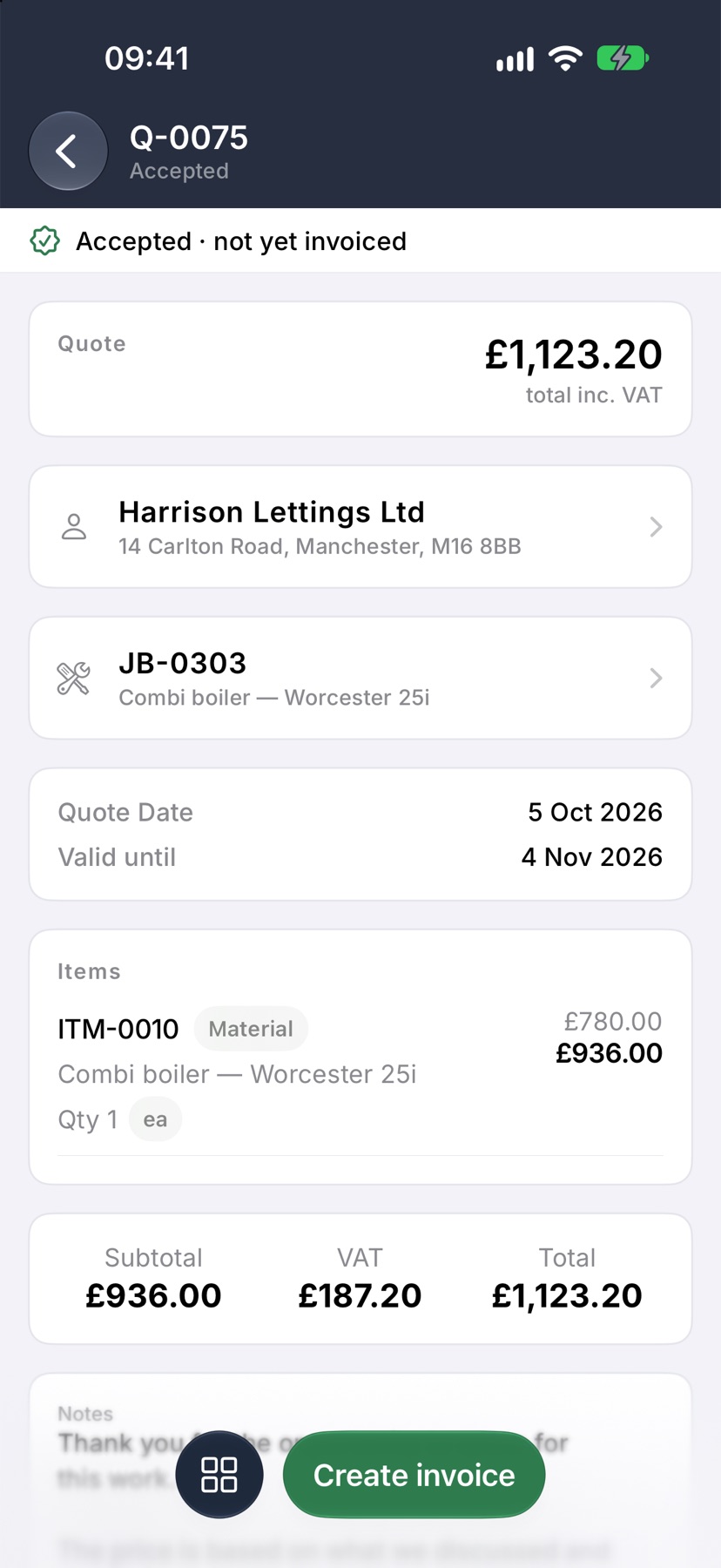 An accepted quote, showing the square menu button and Create invoice at the bottom