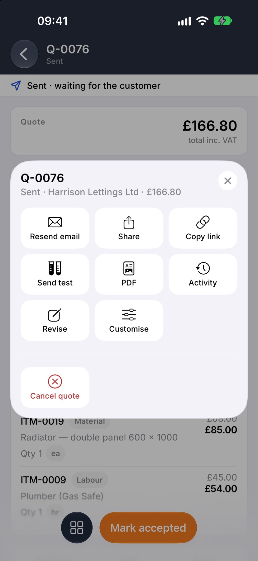 The menu opened from the square button on a sent quote, showing the tiles Resend email, Share, Copy link, Send test, PDF, Activity, Revise and Customise, with Cancel quote in red set apart