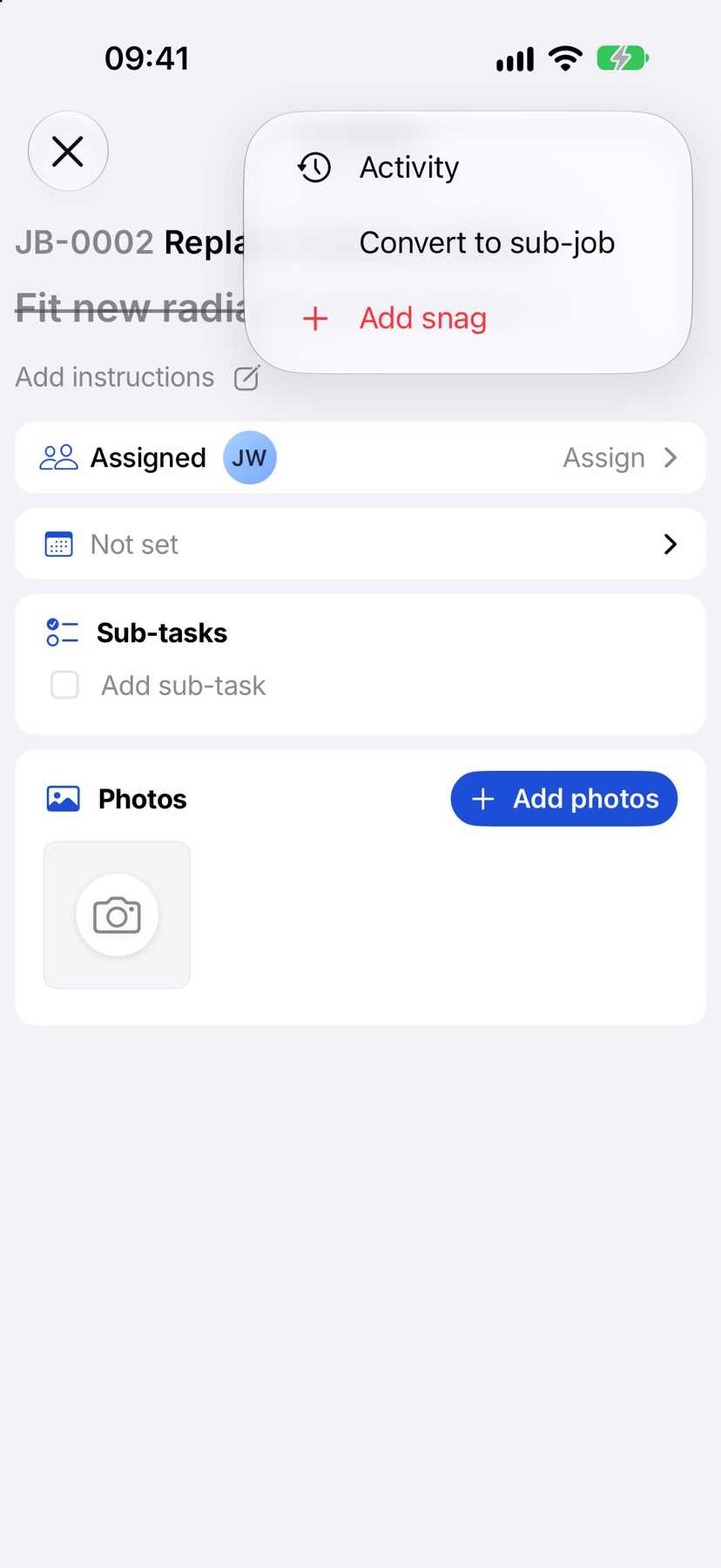 A task opened with the three-dot menu showing Activity, Convert to sub-job and Add snag