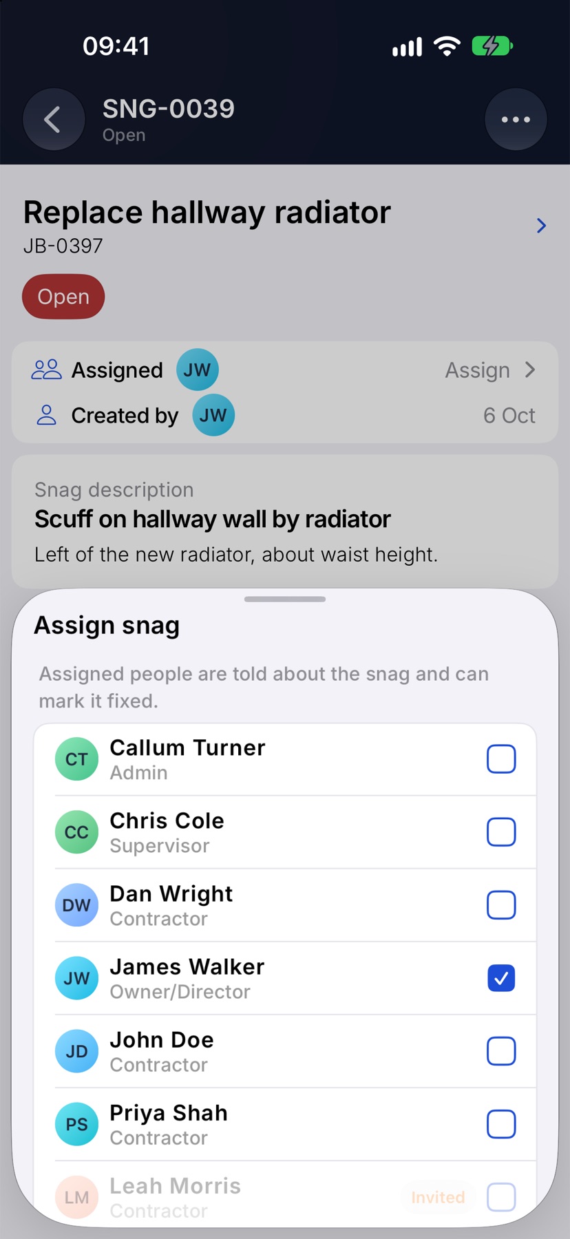 The Assign snag sheet with a list of team members and one ticked