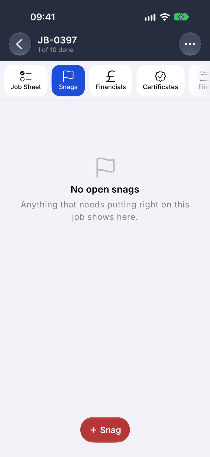 A job open on its Snags tab, showing No open snags, with the ＋ Snag button at the bottom