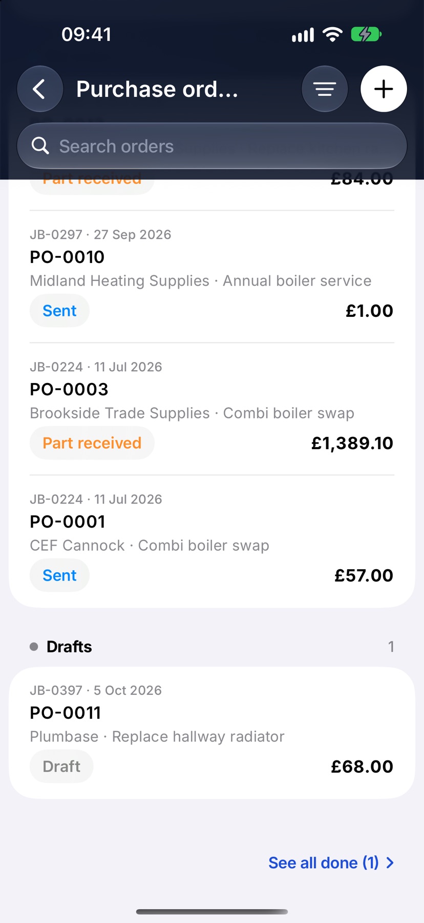 The Purchase orders list scrolled to show orders on order and one draft, each showing its supplier and job