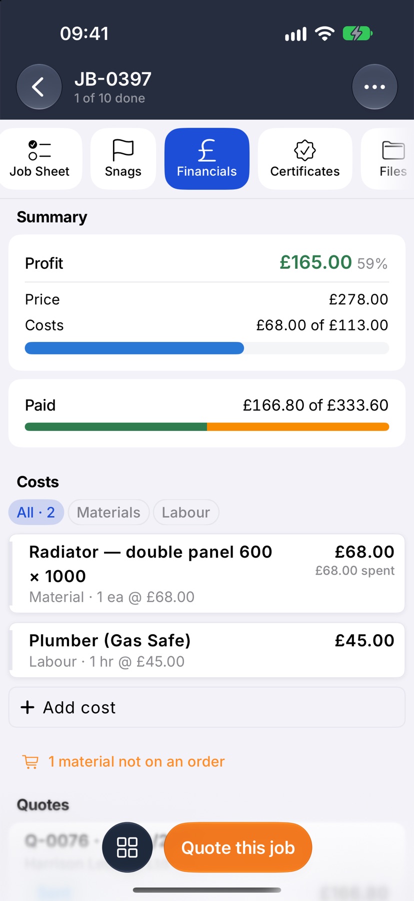 The Financials tab of job Replace hallway radiator scrolled to Costs, with an orange line reading 1 material not on an order
