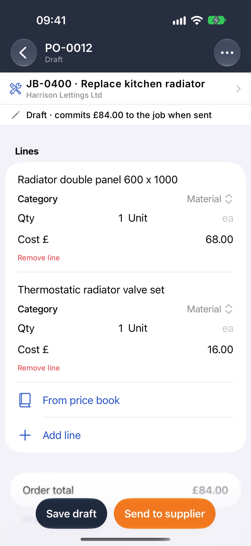 A draft purchase order for Northgate Plumbing Supplies with two lines, and Save draft and Send to supplier in the bottom bar
