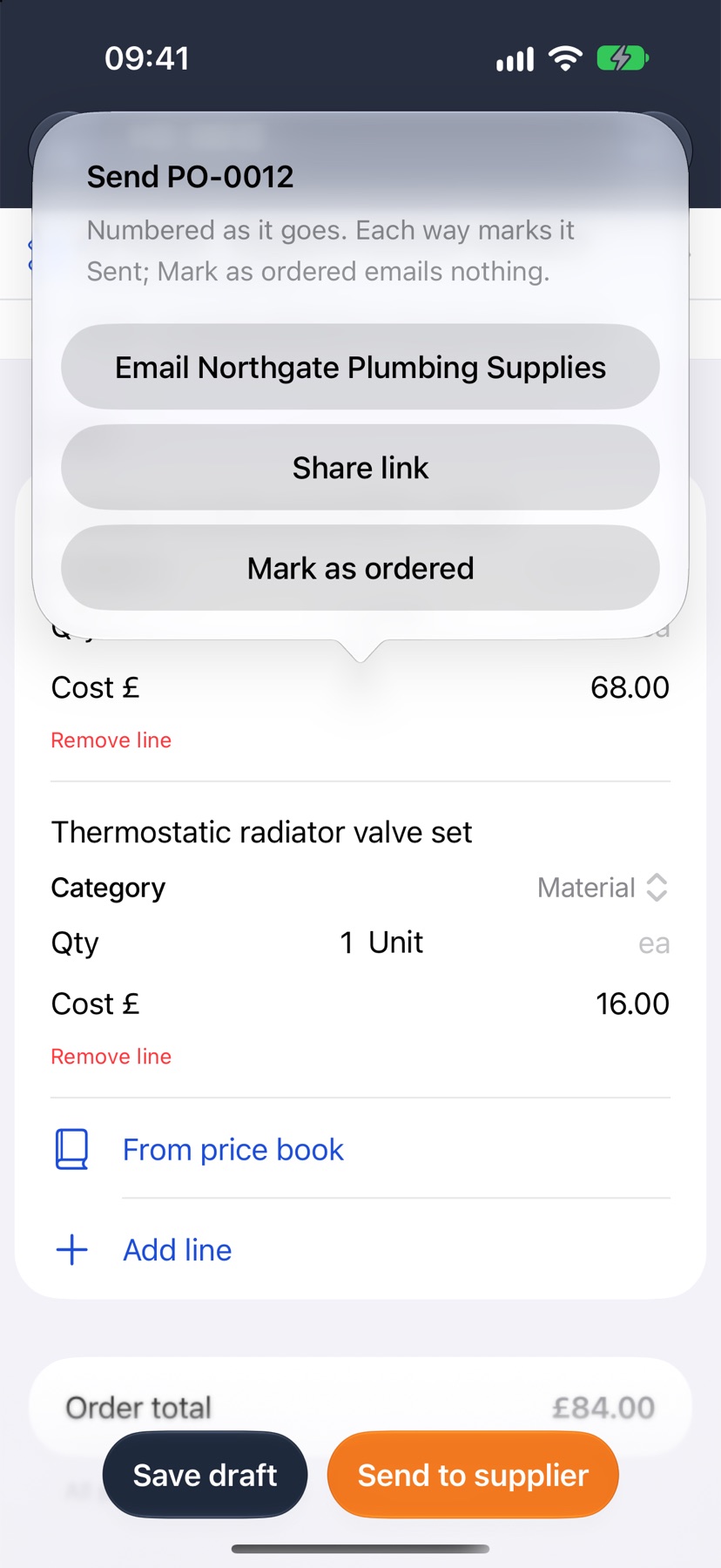 The Send chooser open over the draft order, listing Email Northgate Plumbing Supplies, Share link and Mark as ordered