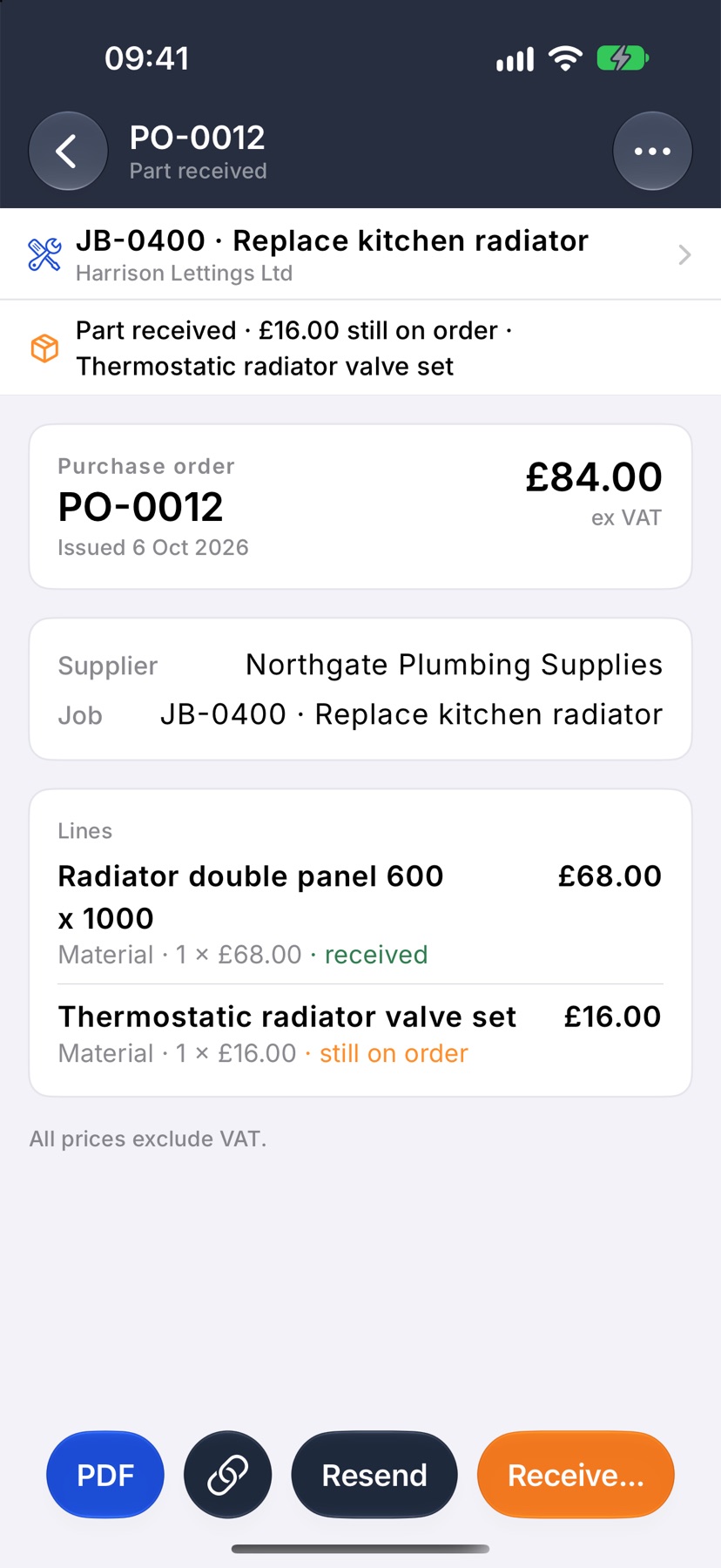 A part received purchase order: the line under the title reads Part received with an amount still on order and the name of the missing item, and one line is marked received and the other still on order