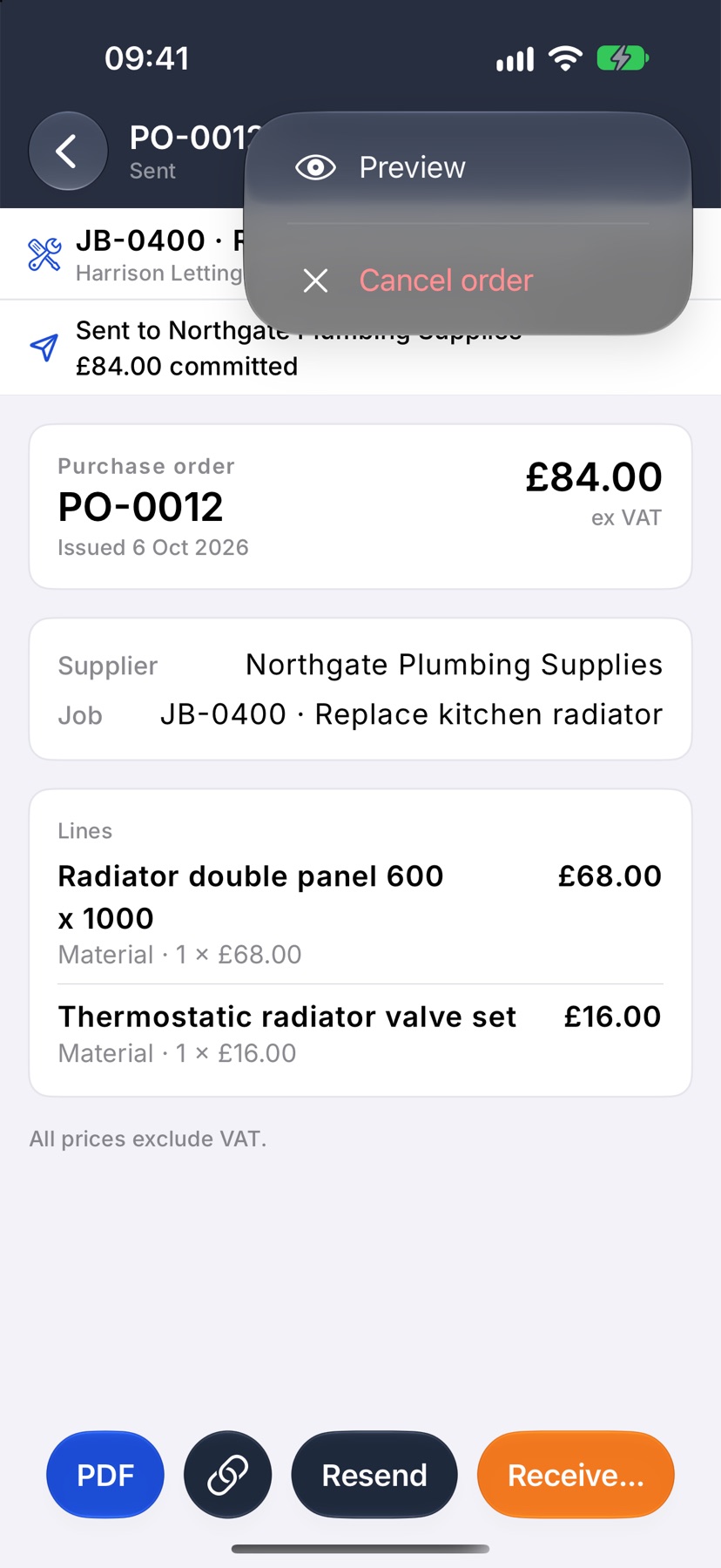 A sent purchase order with the three dots menu open at the top right, showing Preview and Cancel order