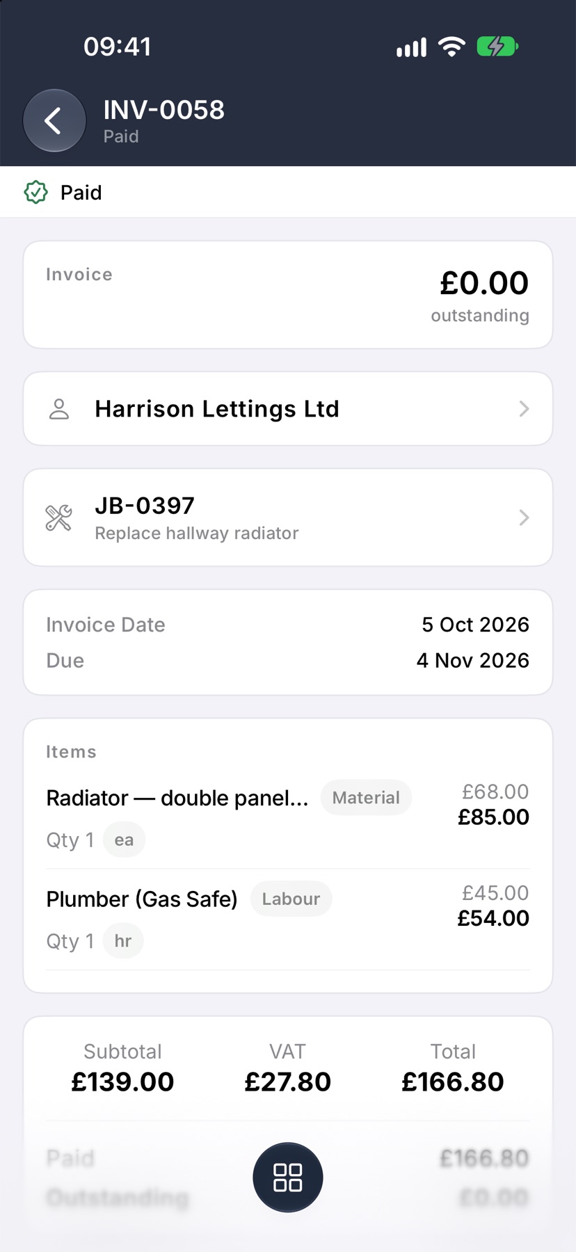The invoice marked Paid with nothing outstanding