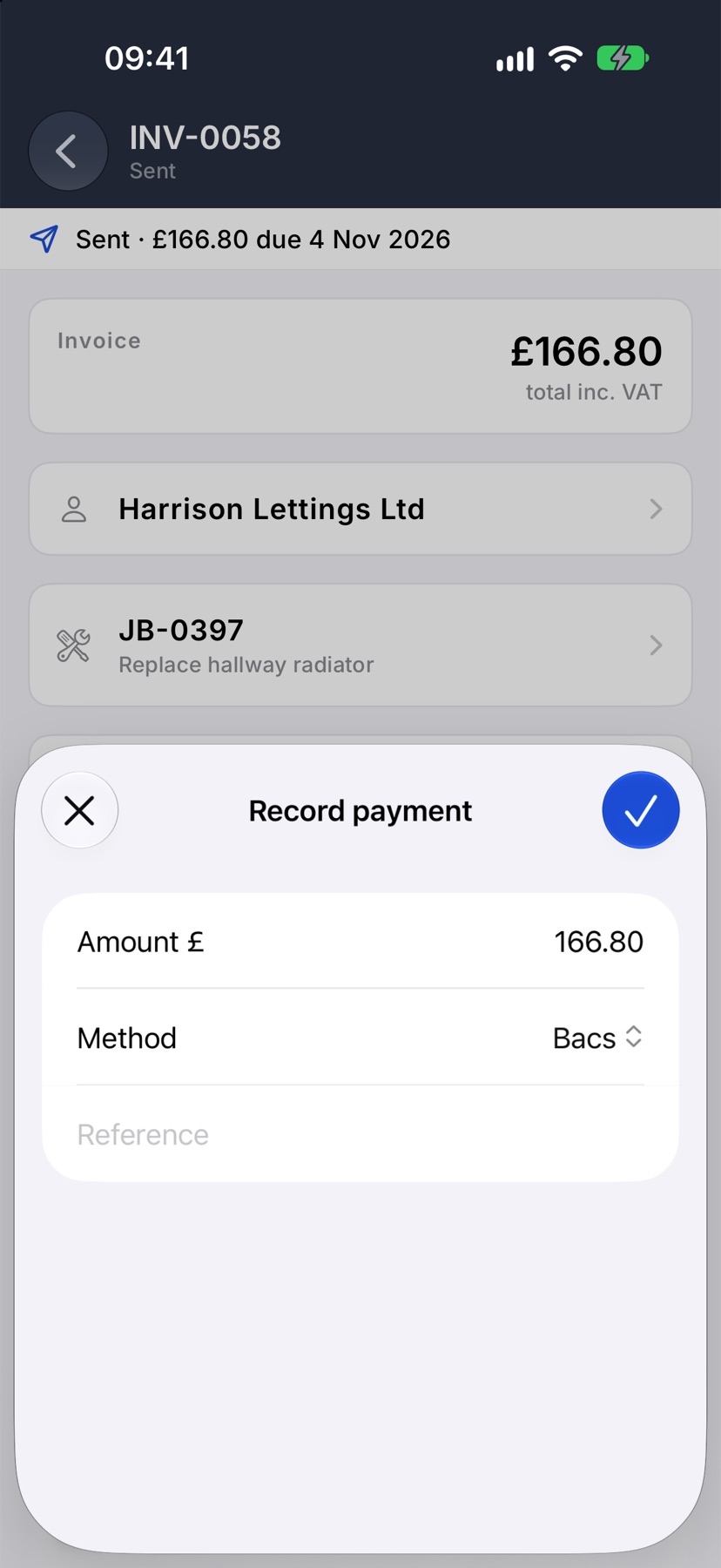 The Record payment sheet with the amount, the method and a reference field