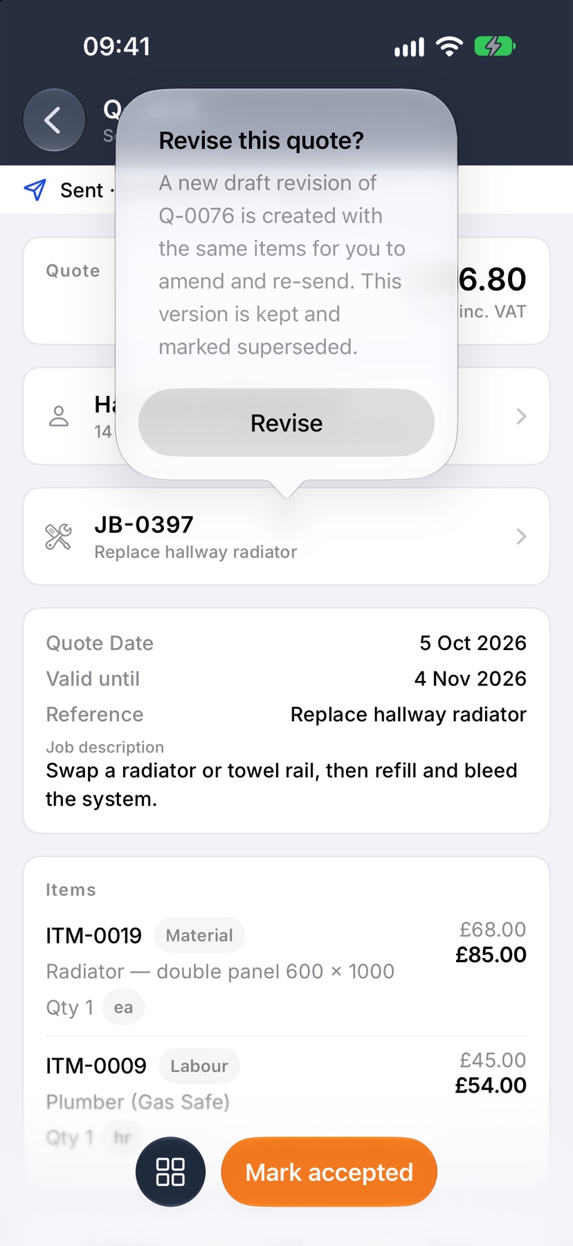 The 'Revise this quote?' confirmation with its explanation and the Revise button