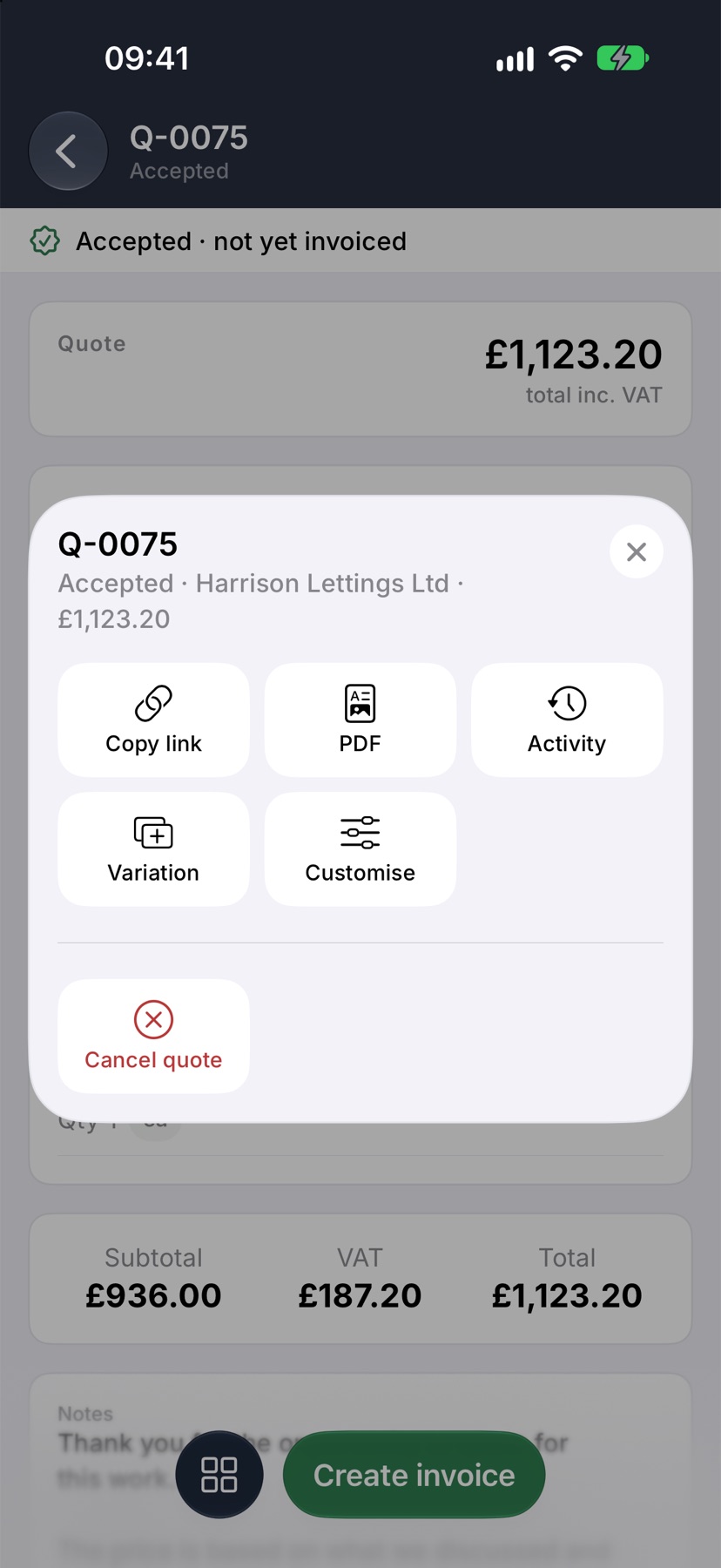 The menu open on an accepted quote, showing its tiles including Variation