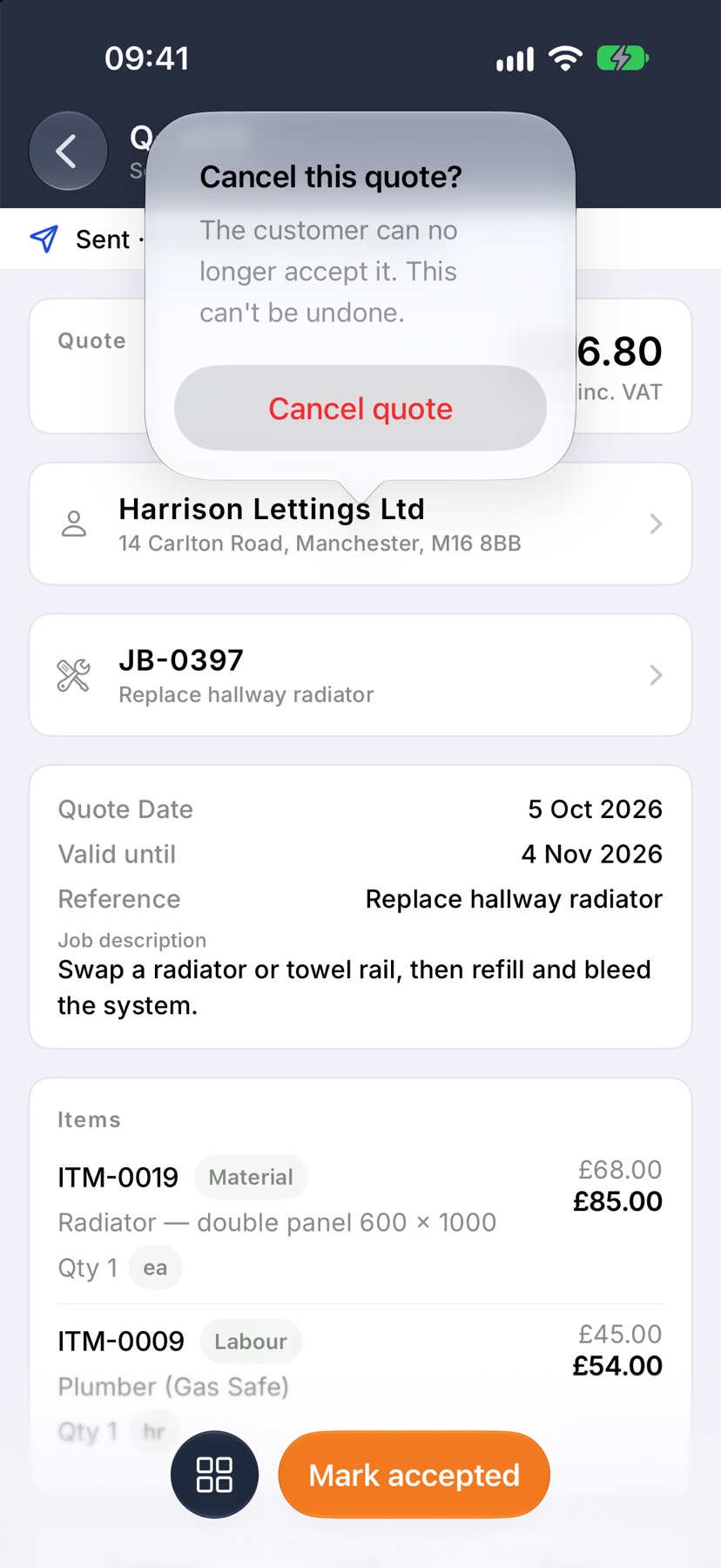 The 'Cancel this quote?' confirmation with the Cancel quote button