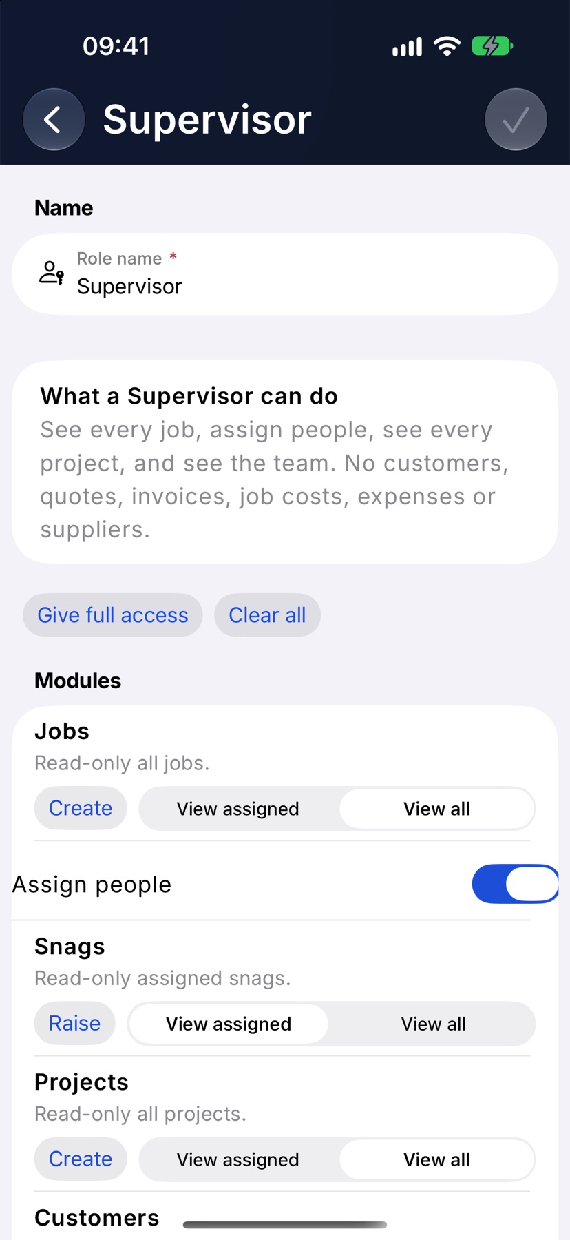 A role's page scrolled to Modules, showing the Jobs row with its Create button, the View assigned and View all choices, and the Assign people switch