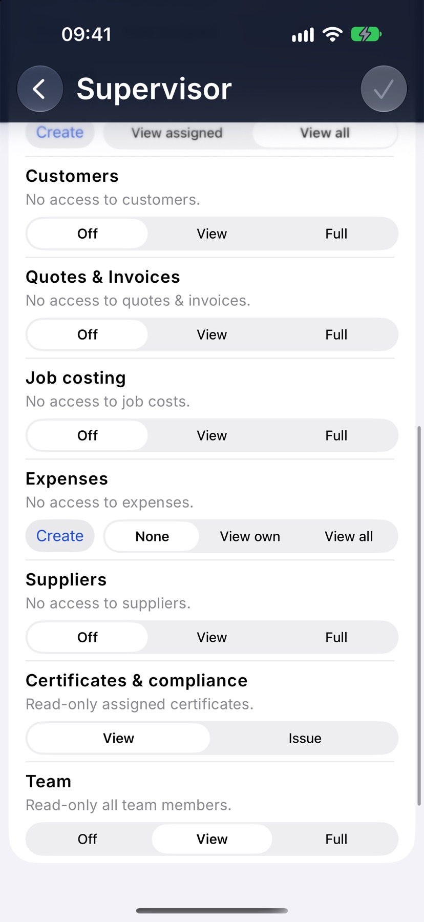 The same role's page further down, showing Customers and Quotes & Invoices rows with Off, View and Full