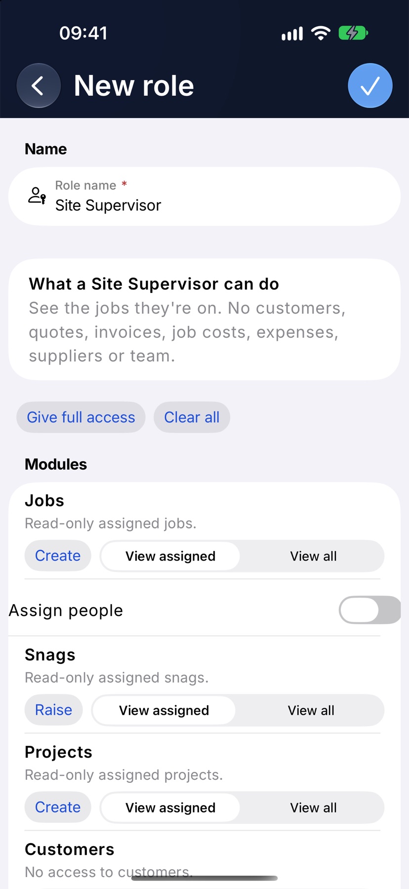 The New role page with Site Supervisor typed as the Role name