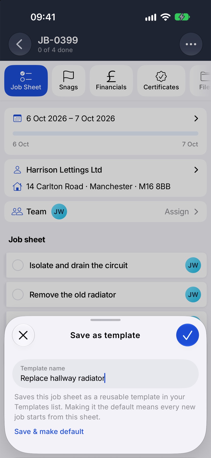 The Save as template prompt with the job's name suggested in Template name and the Save & make default link below the explanation