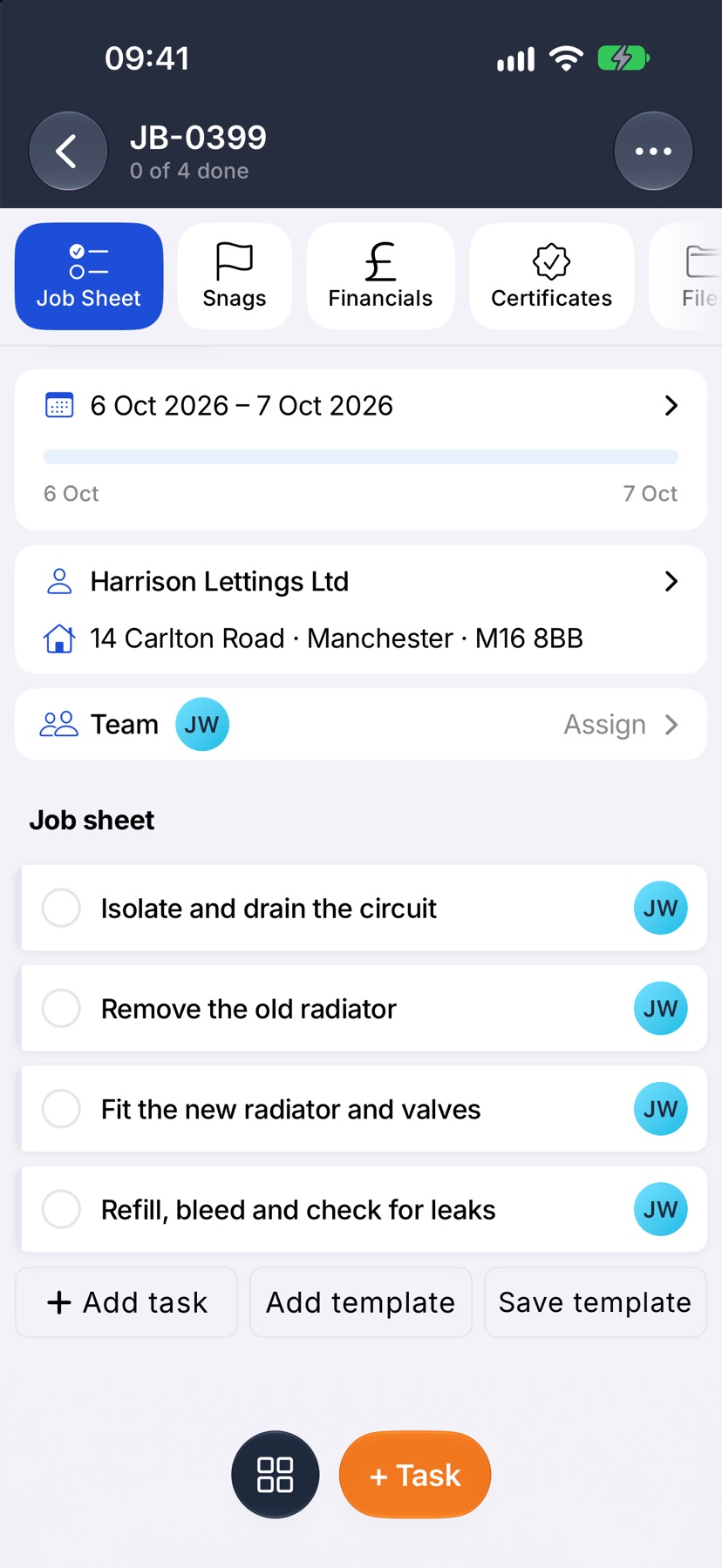 The job Replace hallway radiator open on its Job Sheet tab, scrolled to the foot of the tasks to show the Add task, Add template and Save template row