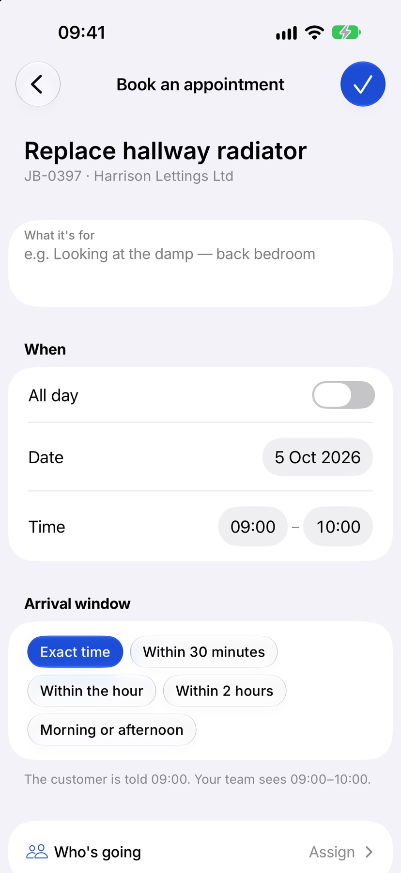The Book an appointment form with what it is for, the date and time and the arrival window