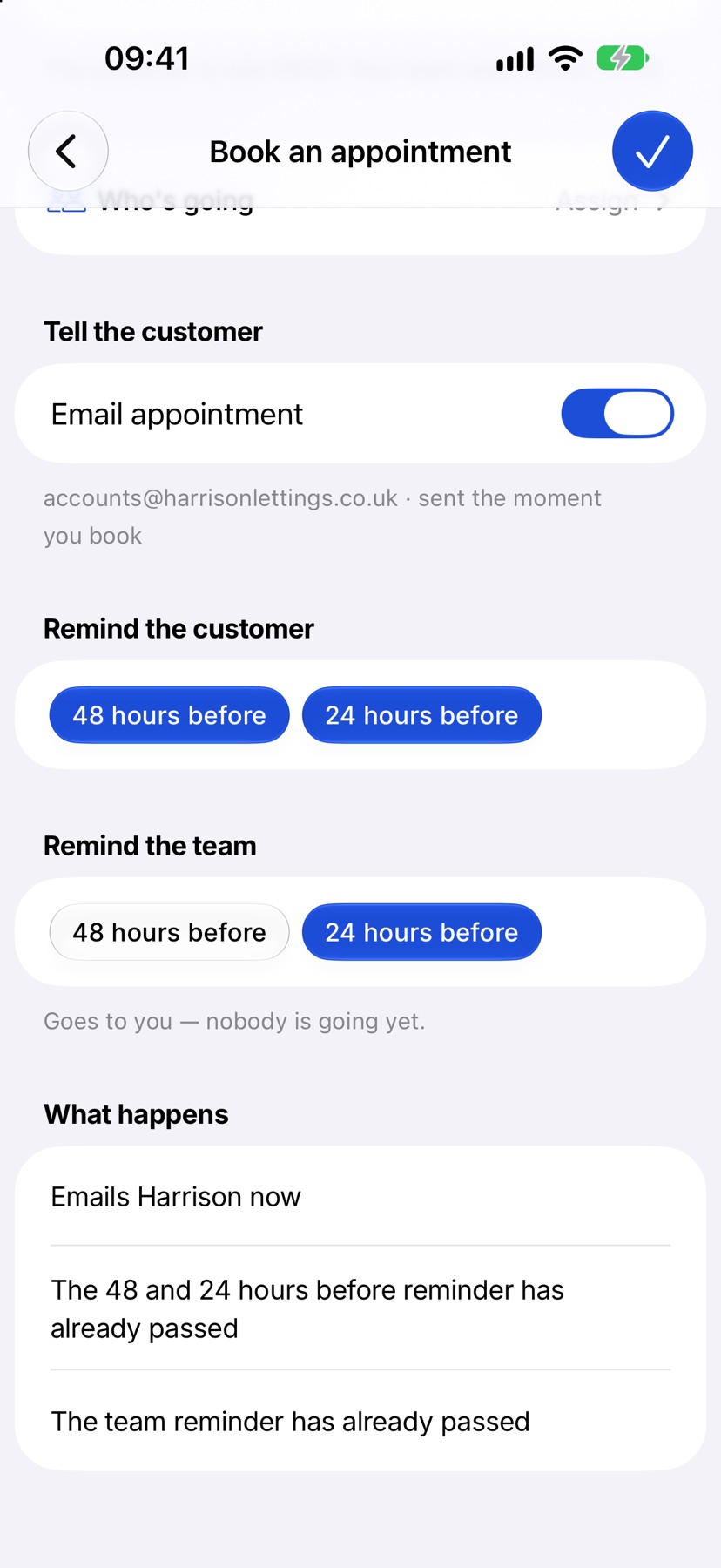 The lower half of the form: email the customer, reminders for the customer and the team, and what happens when you book