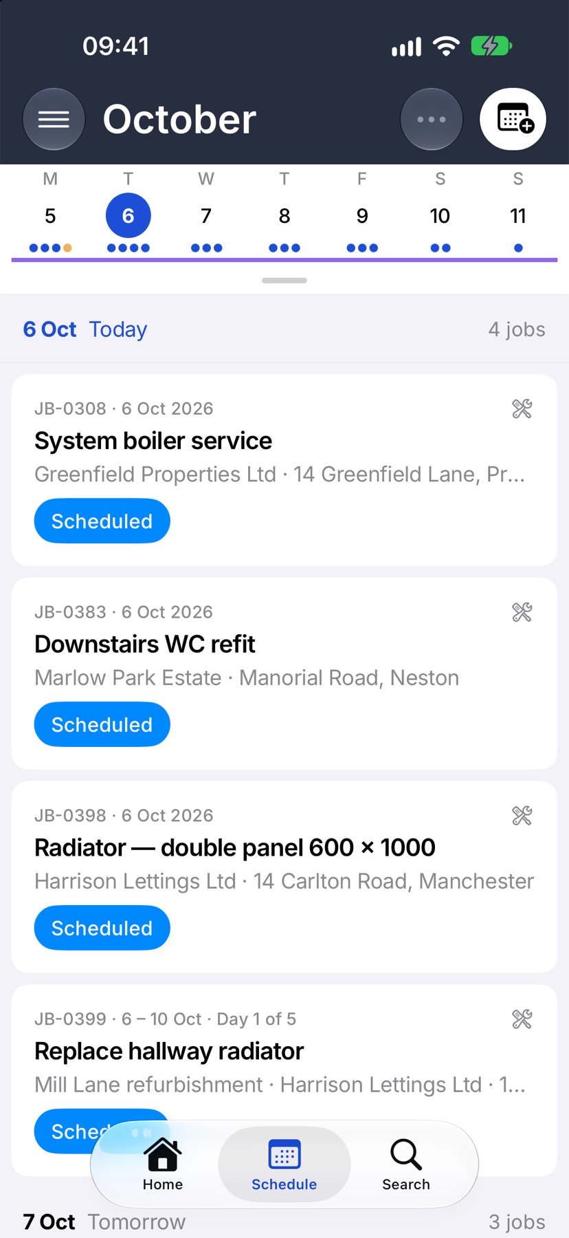 The Schedule tab on the agenda: the week strip with dots under three dates, today's heading reading Today with 4 jobs, and the cards under it including Replace hallway radiator