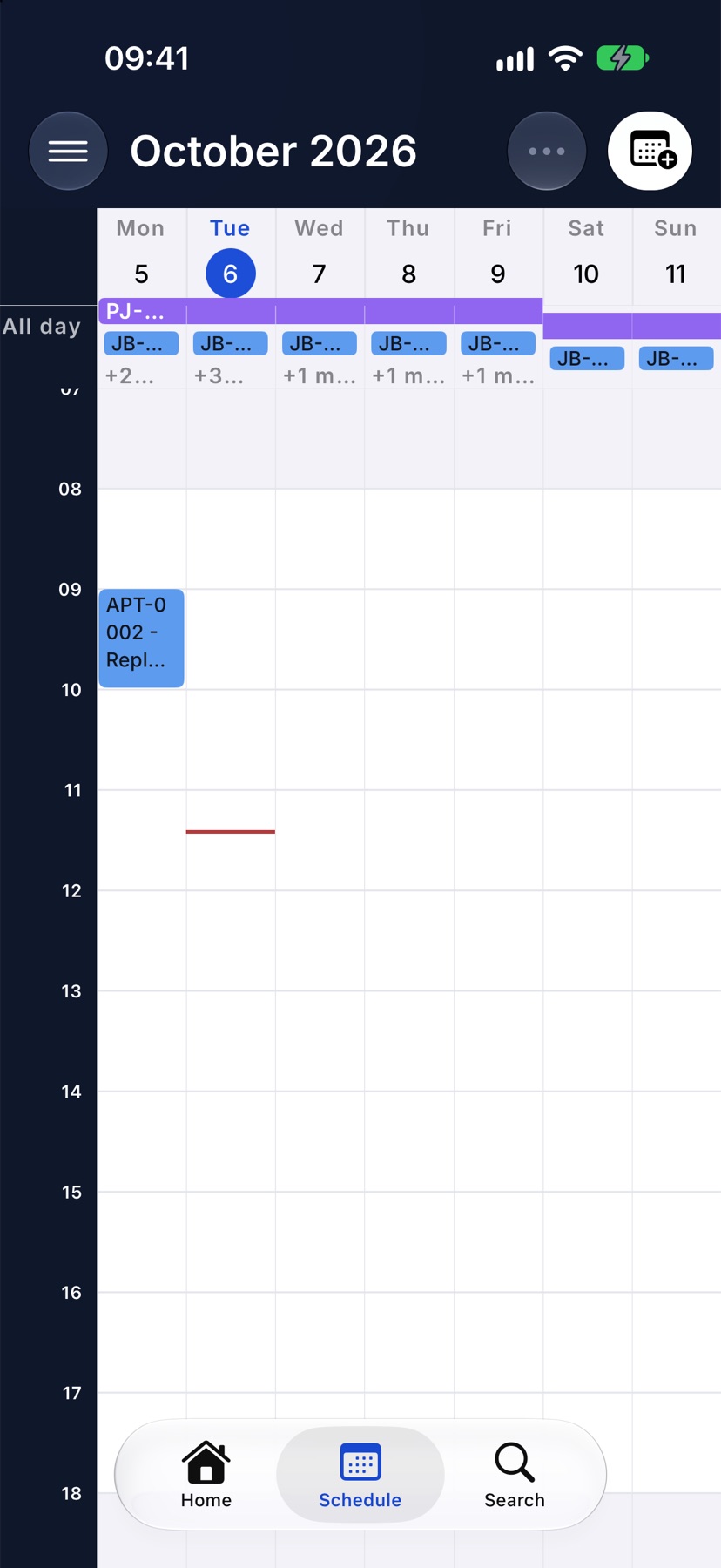 The Schedule in Week view with the all-day row across the top and a timed appointment on Monday