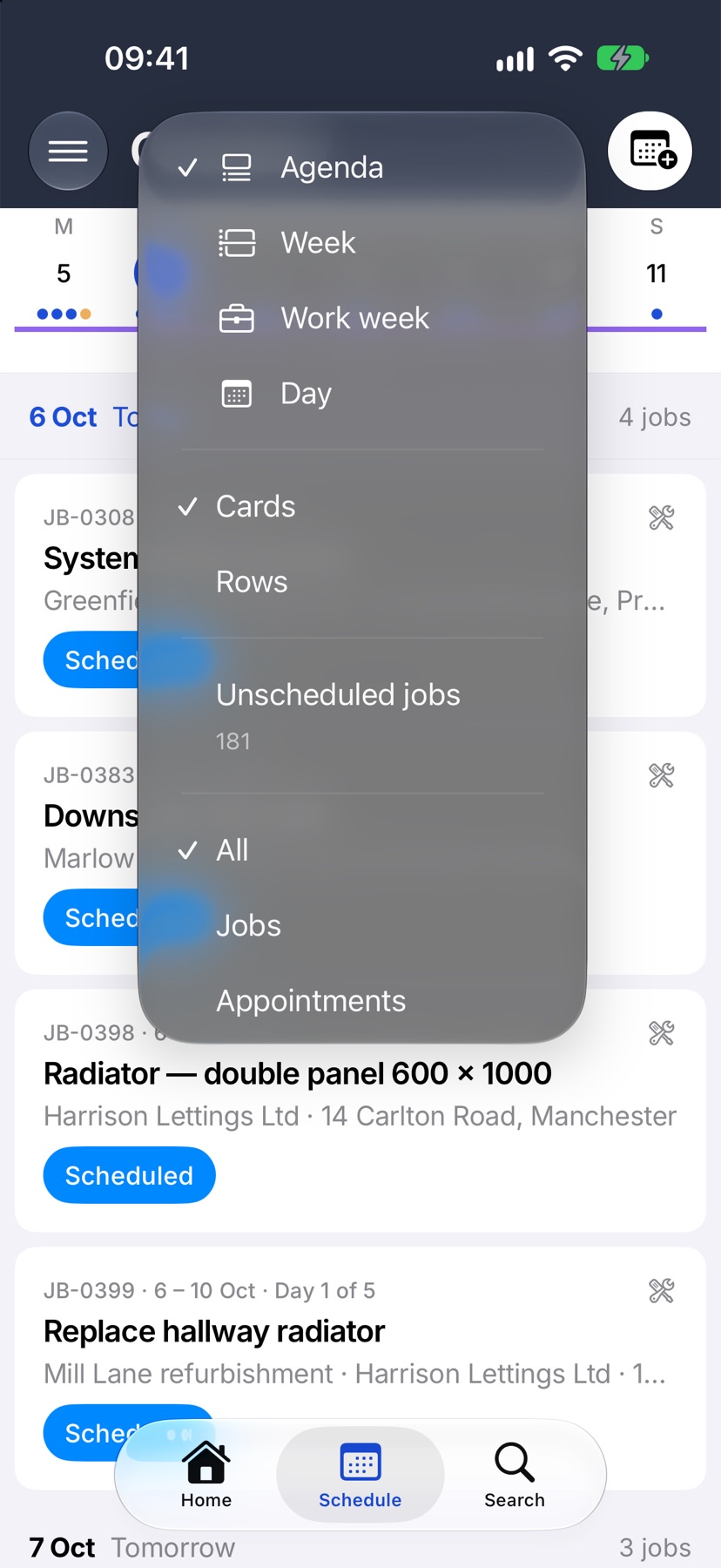 The ⋯ menu showing the Unscheduled jobs row with its count under it