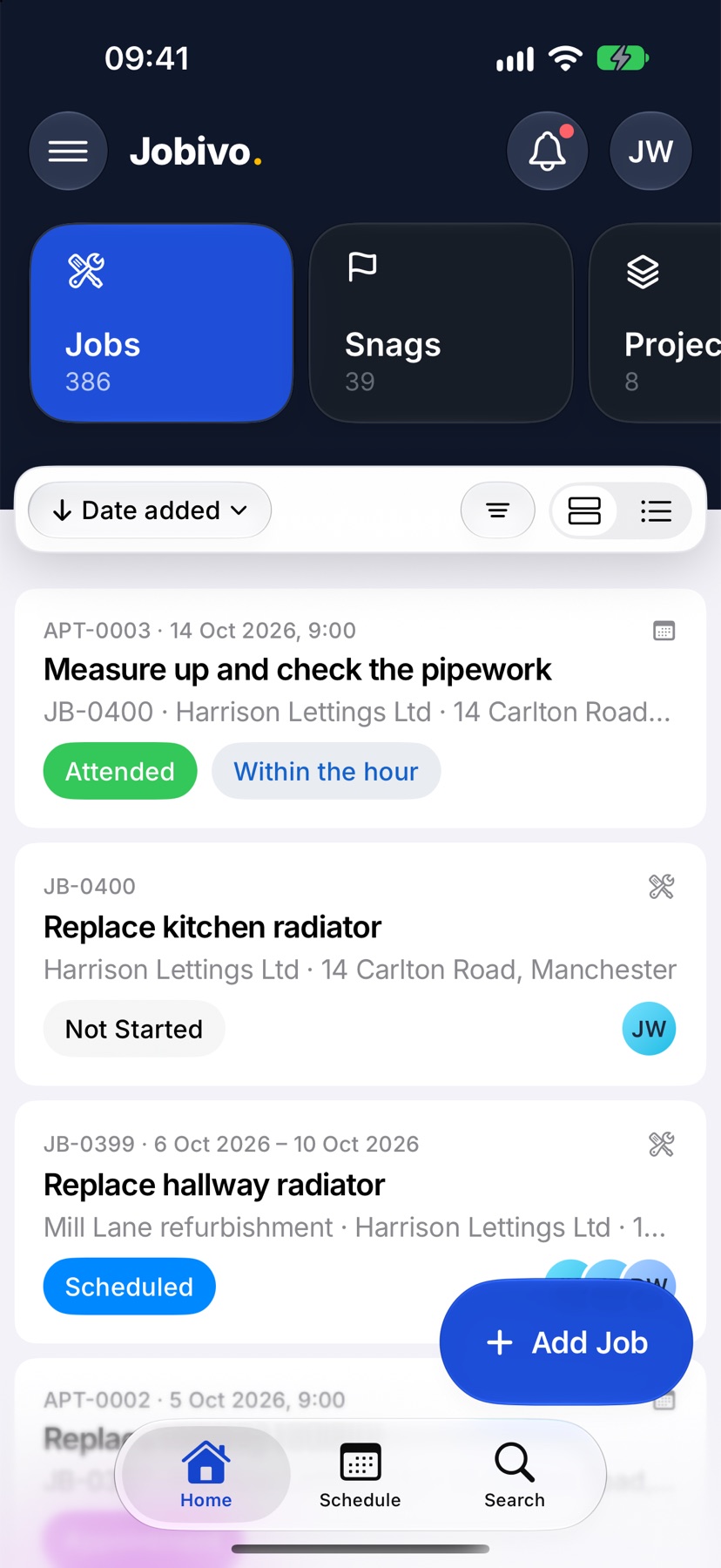 Home with the bar at the bottom showing Home, Schedule and Search