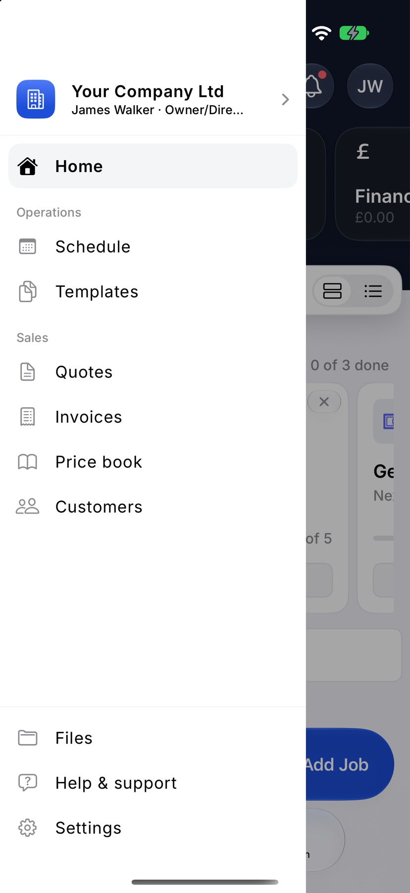 The menu open, scrolled to the bottom, showing Files, Help & support and Settings